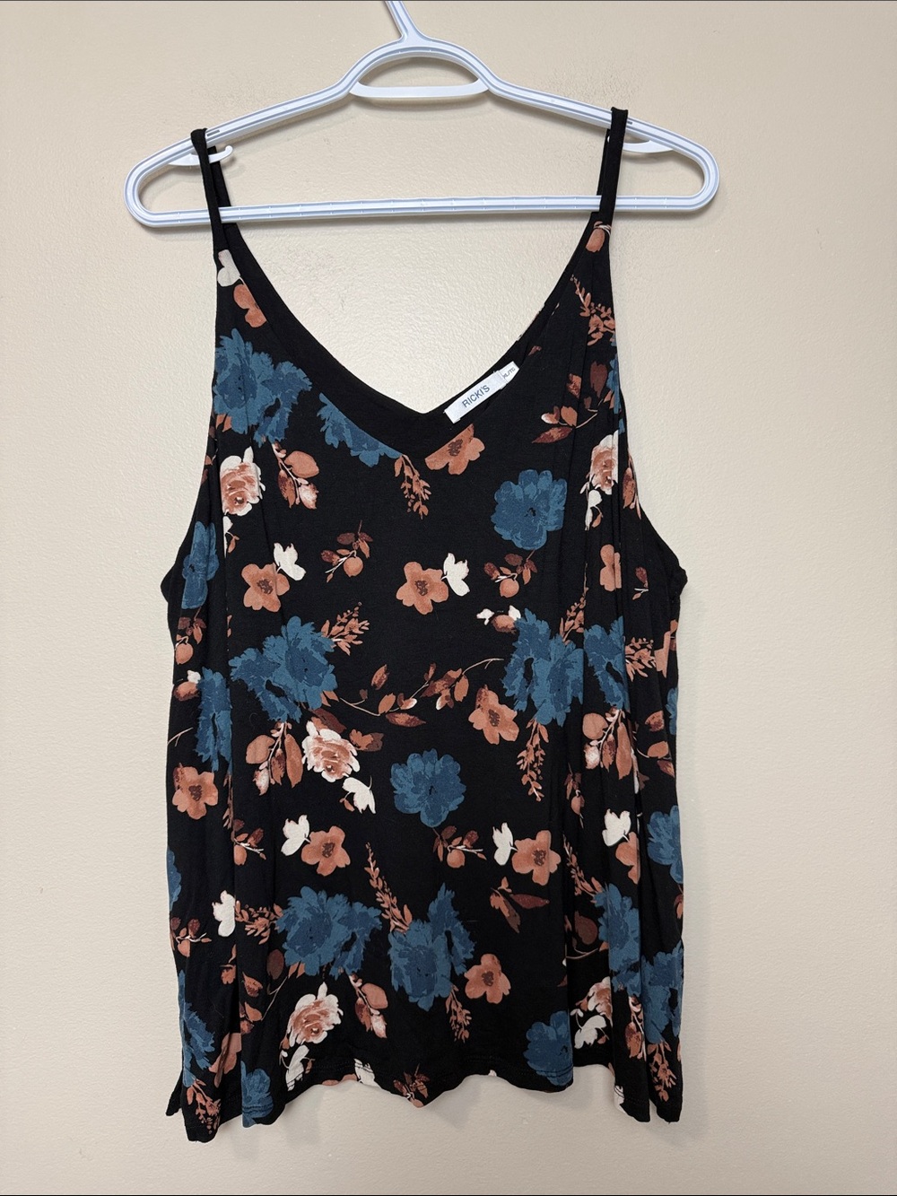 Ricki's Black Floral V-Neck Cami with Blue and Tan Blooms size XL